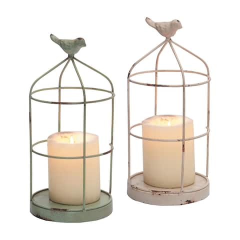 Foreside Home & Garden Set of 2 Rustic White and Mint Metal Wire Cage and Bird Pillar Candle Holders - 4.5x4.5x9.3