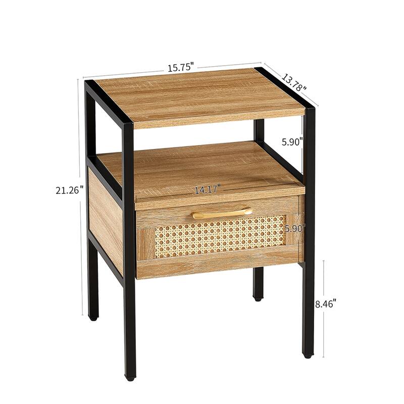 Set of 2, 15.75" Rattan End table with drawer, Modern nightstand, metal legs,side table for living room, bedroom,white