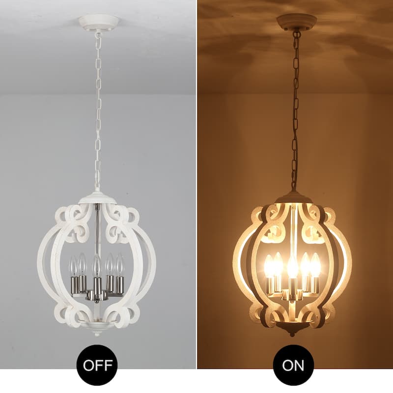 15.75“ 5-Light Rustic Pendant Light, Wood Ceiling Light Farmhouse Shabby Chic Chandelier, Classic Semi Flush Mount Chandelier