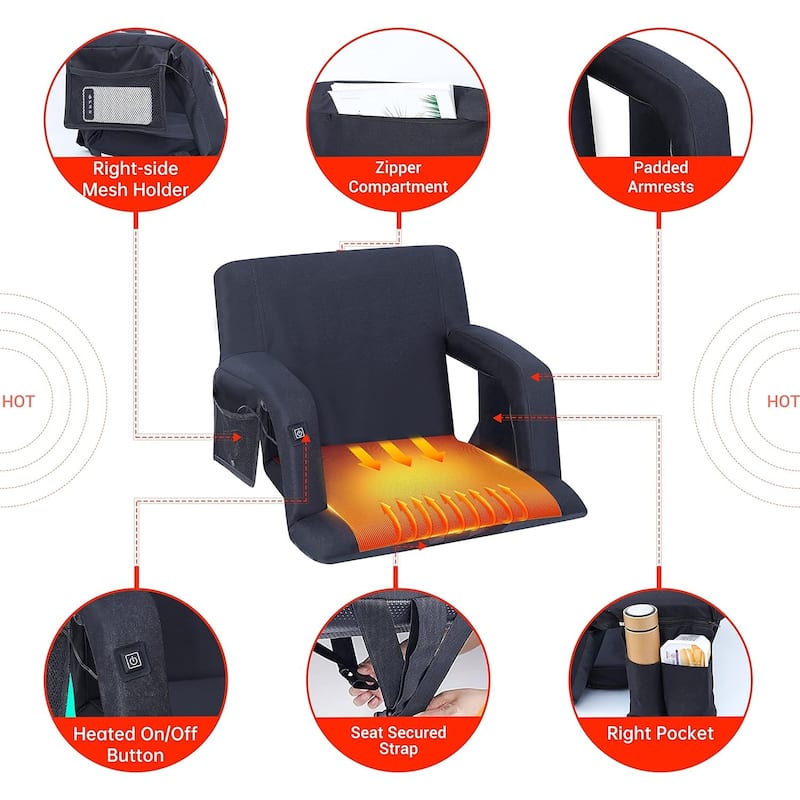 Heated Stadium Seats, 5 Reclining Positions Bleacher Chairs with Padded Armrests, NO Power Bank