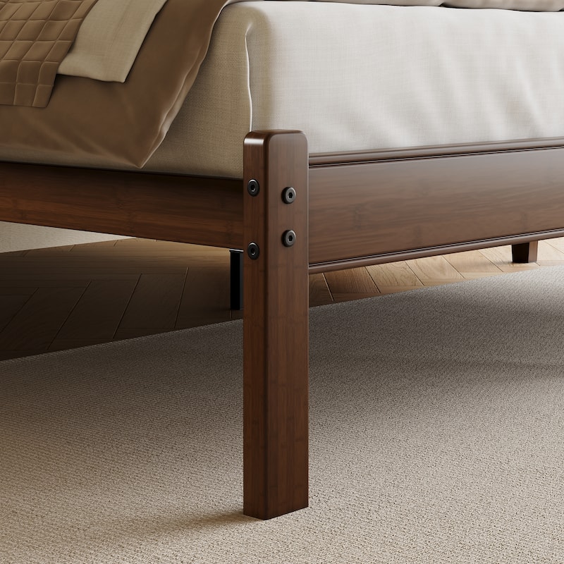 Walnut-colored solid wood and bamboo bed frame with headboard, easy to assemble, no box springs required