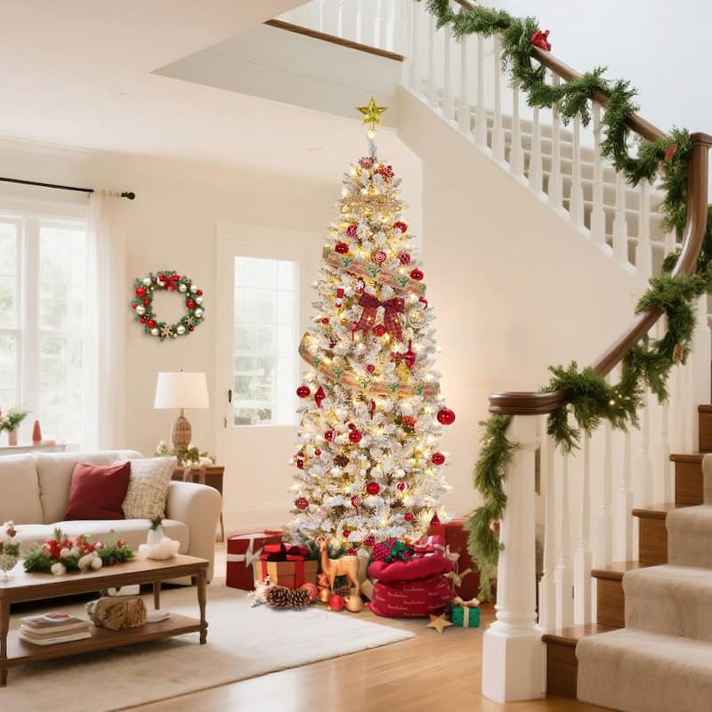 6ft Prelit Flocked Pencil Christmas Tree with Lights, Slim Artificial Xmas Tree with Snowy Branch