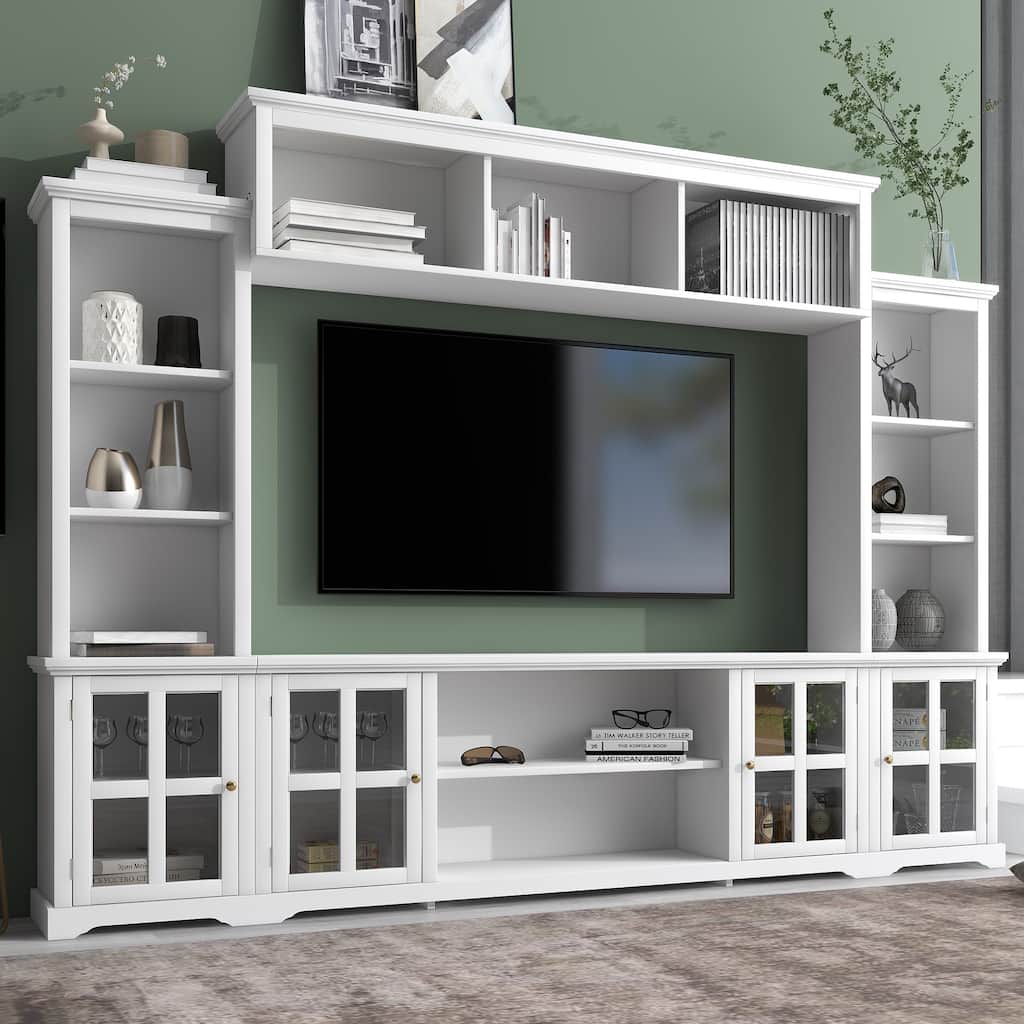 White Entertainment Wall Unit with Bridge and Tempered Glass Door, TV Console Table for TVs up to 70"