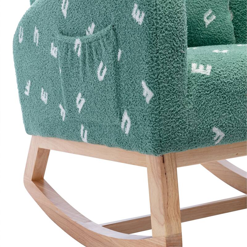 Boucle Rocking Chair with High Back, Side Pocket & Solid Wood Frame