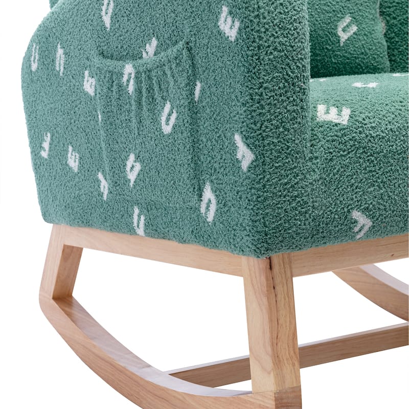Modern Upholstered Rocker Armchair With Side Pocket, High Back Wooden Nursery Chair