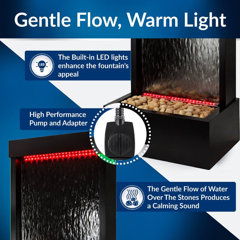 Alpine Corporation 72" Zen Mirror Waterfall Fountain with LED Lights and Stones
