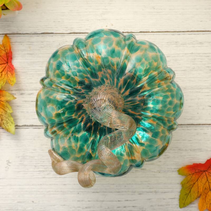 Glitzhome 5.25"D Blue & Gold Glitter Small Glass Pumpkin Halloween Table Decor