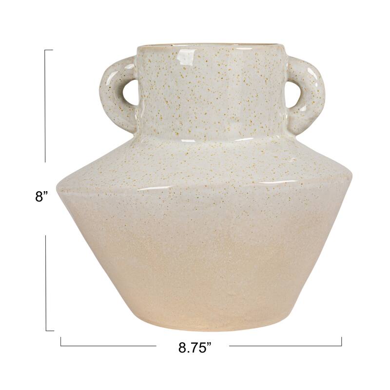 Stoneware Vase with Reactive Glaze Finish and Vertical Handles