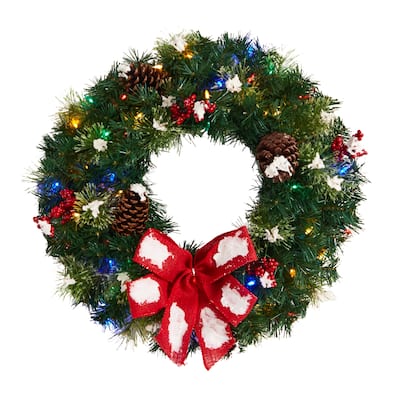 24" Snow Tipped Berry and Pinecone Artificial Wreath with Lights - Green - 24
