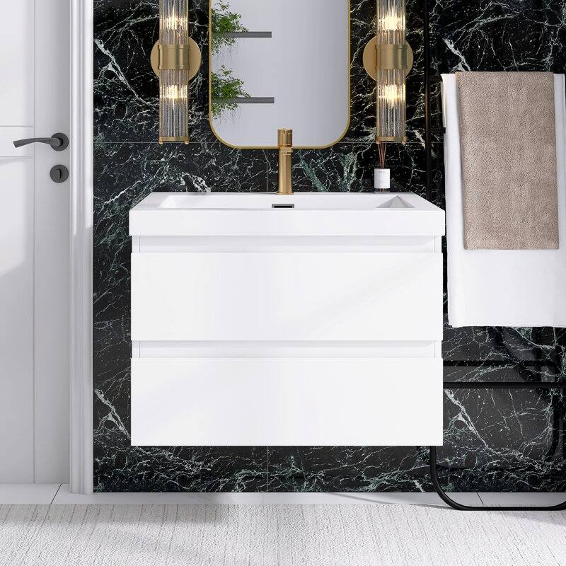 24"/30"/36"/48" Wall-Mounted 2-drawer Bathroom Vanity Set with Integrated Resin Sink - 30" - High Gloss White