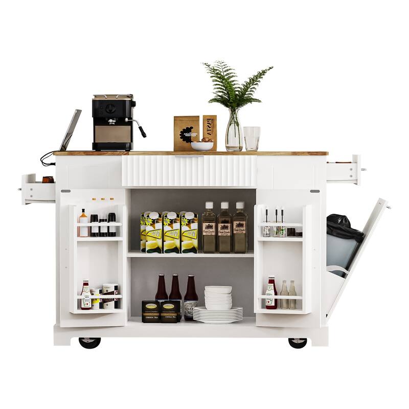 Fluted Kitchen Island with Open Side Racks & Power Outlet, Rolling Storage Cabinet w/Trash Can Storage, Drawers for Living Room