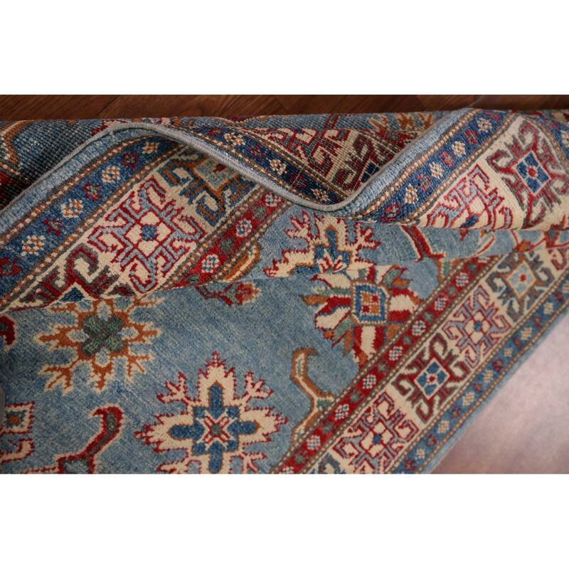 Light Blue Geometric Kazak Accent Rug Hand-Knotted Wool Carpet - 2'11" x 4'11"