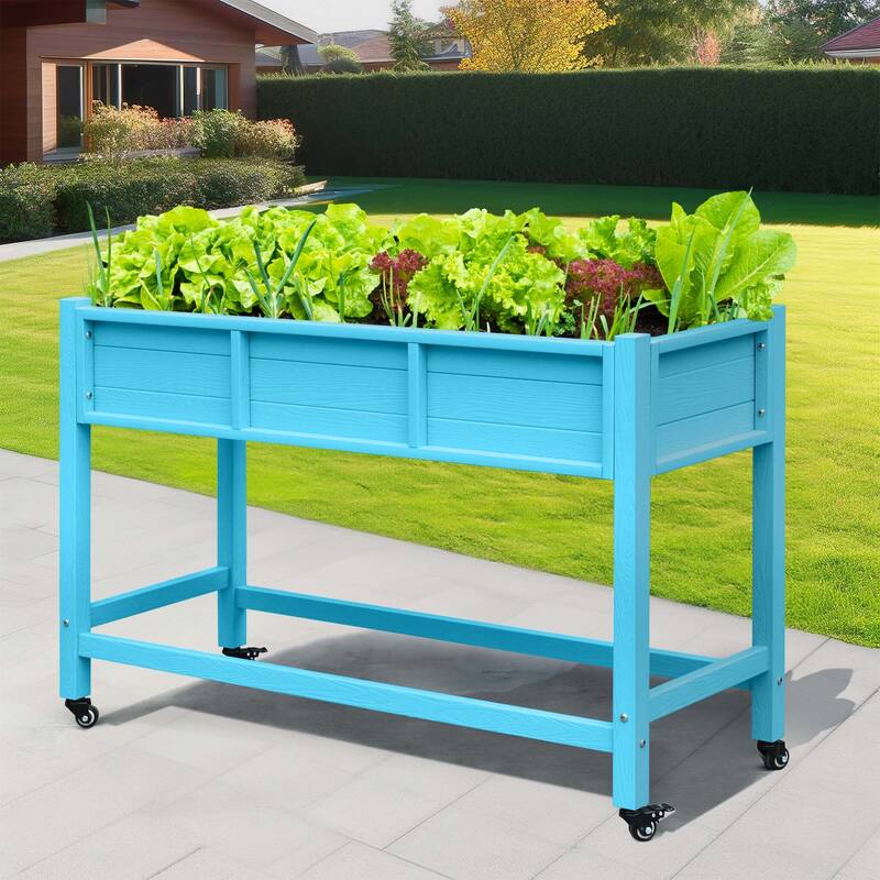 Moasis Raised Garden Bed Wood Mobile Elevated Planter Box Stand With Lockable Wheel - Blue