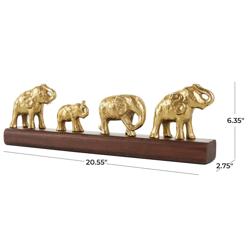 Gold Aluminum Metal Elephant Sculpture with Brown Wooden Base