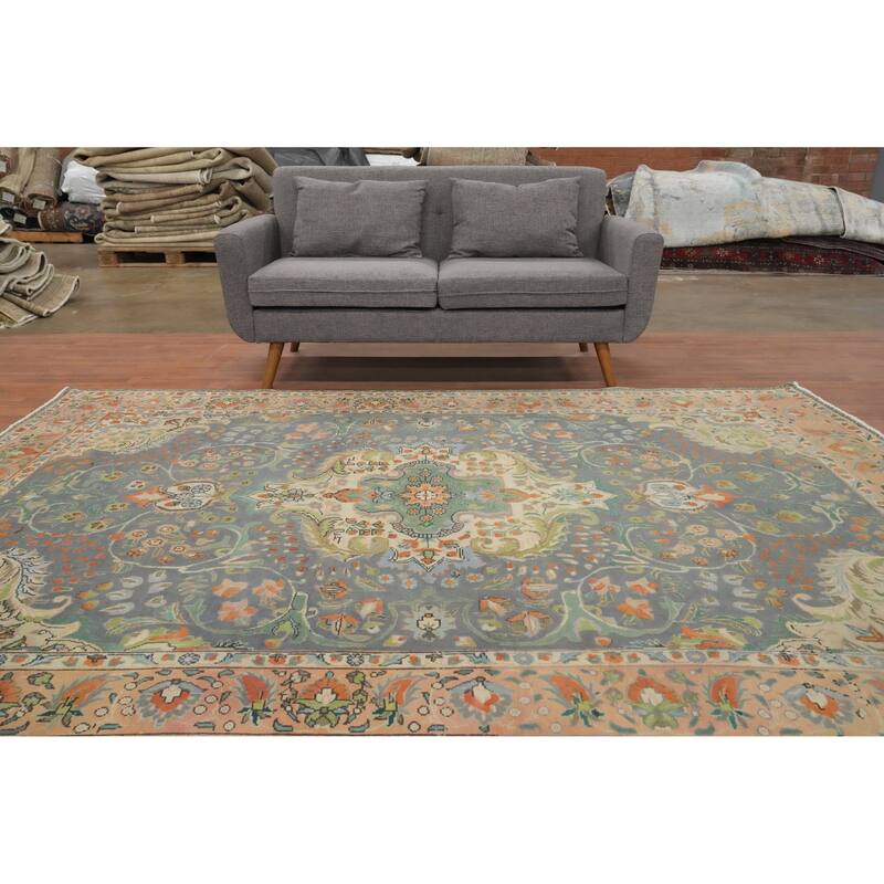 Hand Knotted Oriental 100% Wool Carpet Traditional Floral Greys & Charcoal Tabriz Area Rug - 9' 6'' X 6' 8''