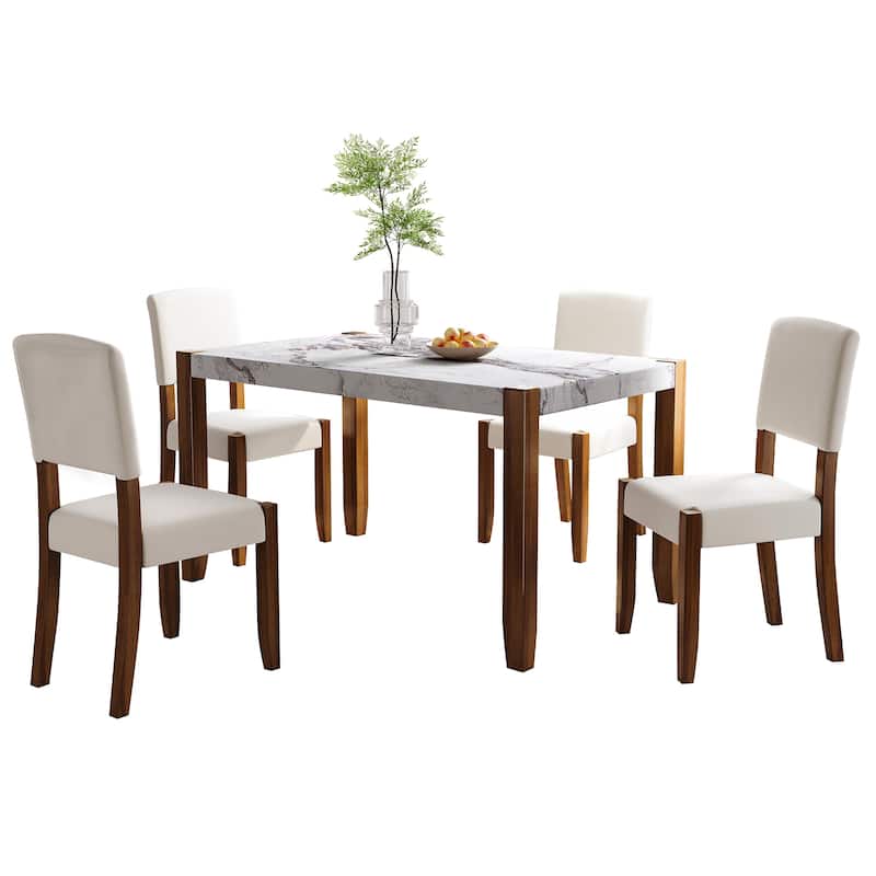 5 Piece Dining Table Set for 4, 46" Faux Marble Table with 4 Upholstered Chairs