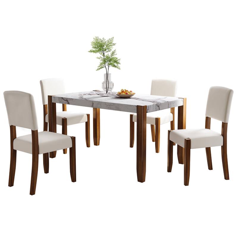 5-Piece Faux Marble Dining Set for 4, 46" Rectangle Table with 4 Upholstered Chairs, Space-Saving Modern Kitchen Table Set