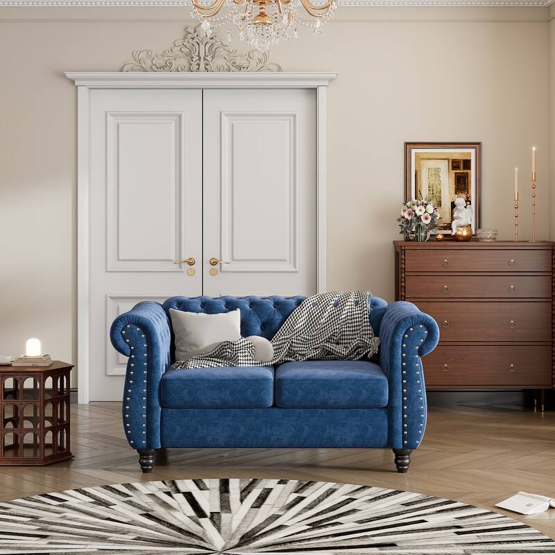 60" modern sofa Dutch plush upholstered sofa, solid wood legs, buttoned tufted backrest, blue - Blue