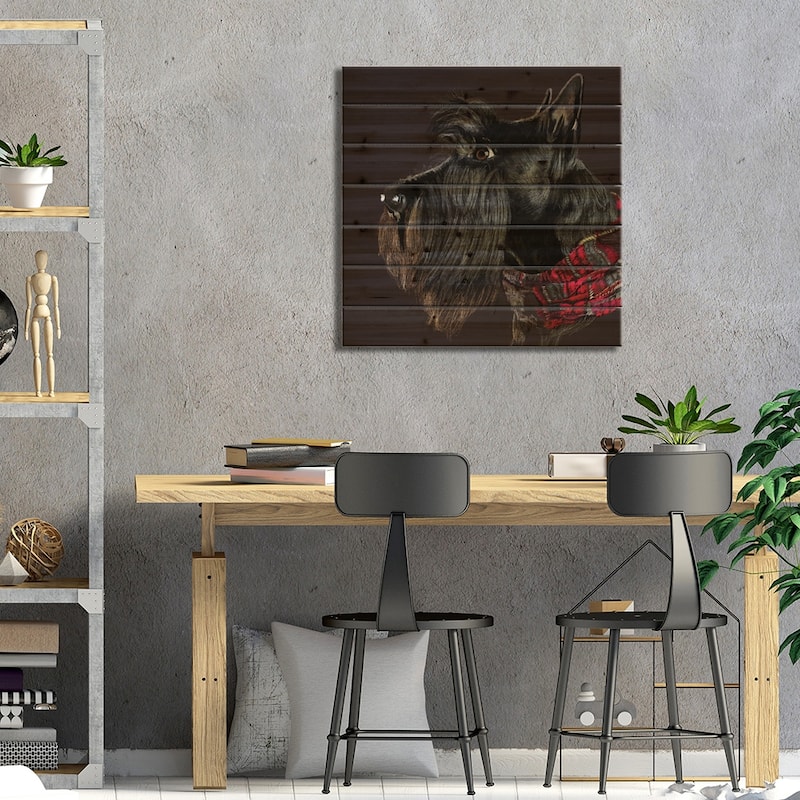 Scottie In Scarf Print On Wood by Vicki Newton - Multi-Color