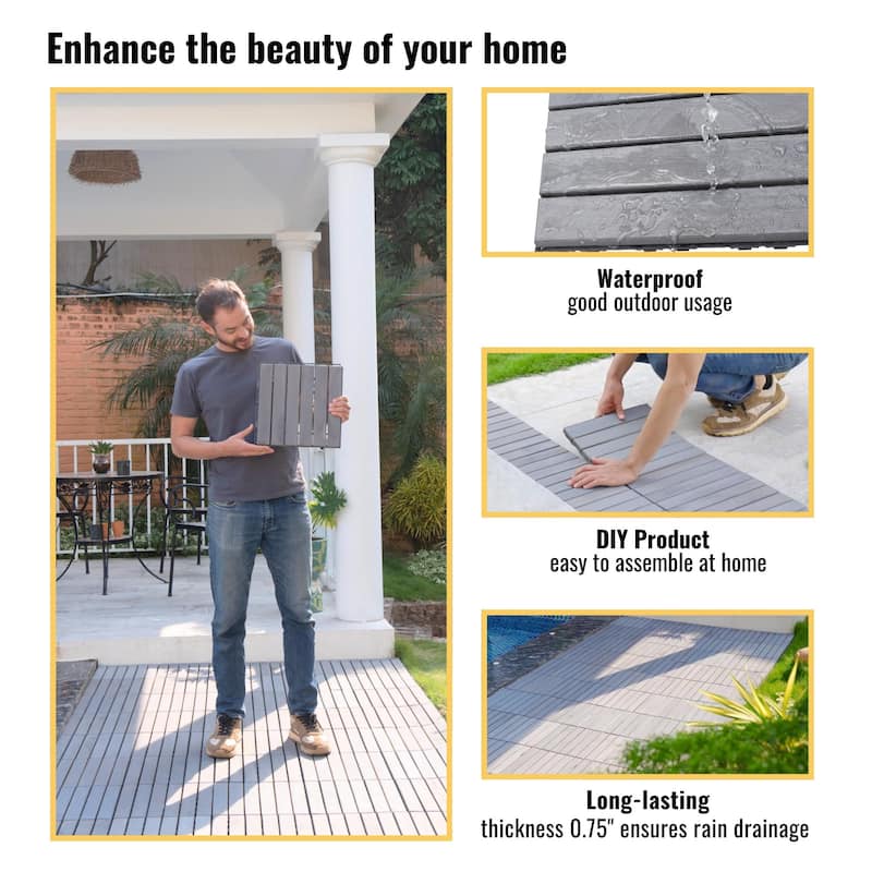 12"x12" Light Gray Acacia Hardwood Deck Tiles, Interlocking Outdoor Flooring for Patio, Pool