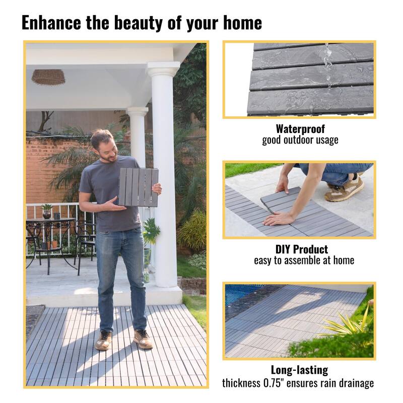 20 PCS Interlocking Deck Tiles Striped Pattern, 12" x 12" Square Yellow Acacia Hardwood Outdoor Flooring