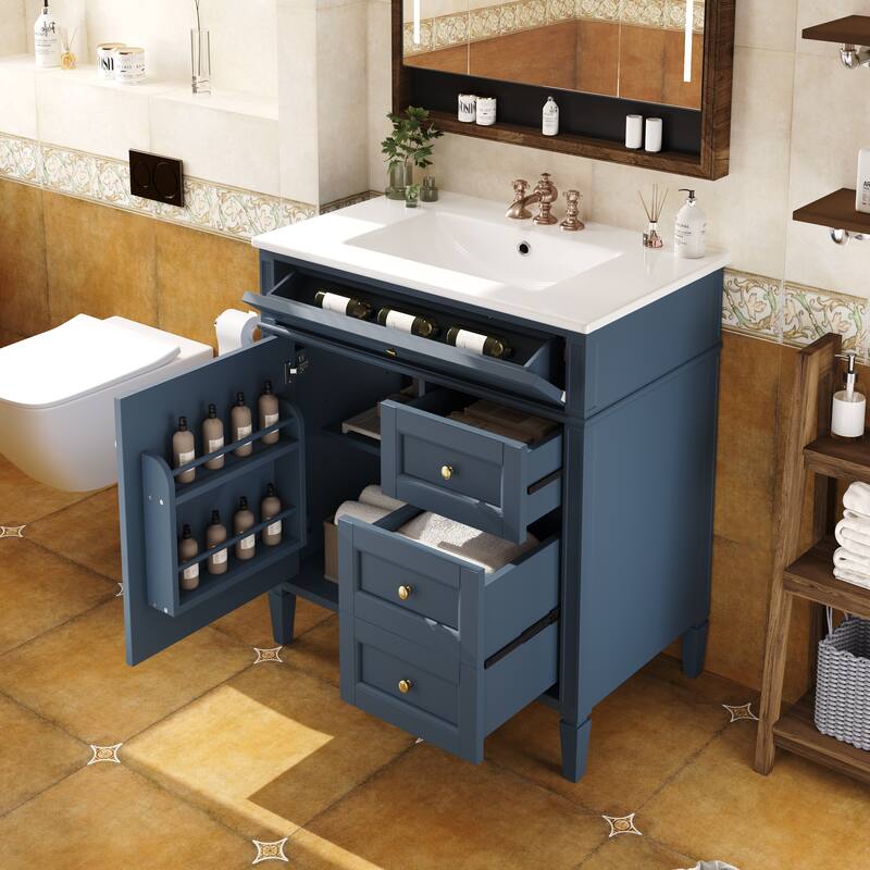 Single Sink Vanity for Bathroom Storage Cabinet with Tip-out Drawer, Small Drawer, Large Drawer, Door Rack and Adjustable Shelf