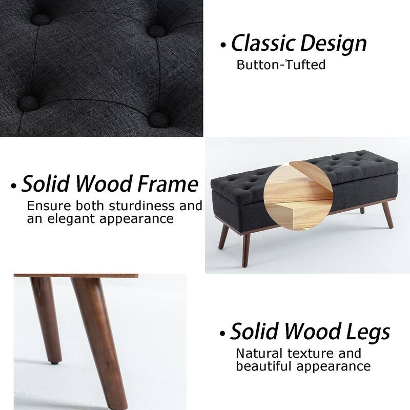 Linen Storage Ottoman Bench with Wood Legs, Upholstered Entryway Bench Tufted Mid Century Modern Ottoman Bedroom End of Bed