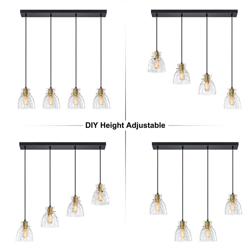 Starsky 4-Light Modern Linear Chandelier Cluster Kitchen Island Light with Hammered Glass Shade - Black&Gold