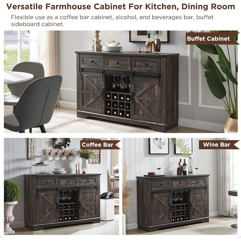 Farmhouse Bar Cabinet, Coffee/Wine Bar Cabinet w/Wine & Glass Rack