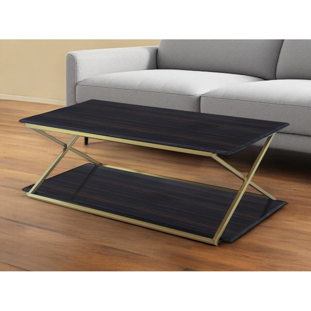 HomeRoots 51" Dark Brown And Gold Metal Coffee Table With Shelf - 51.00 in. x 18.00 in. x 28.00 in.