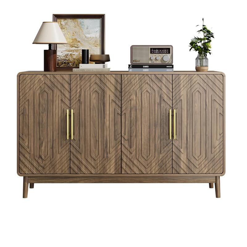 Roomfitters Mid-Century Modern Sideboard Buffet with Geometric Doors, 4-Door Storage Cabinet with Gold Handles, Walnut