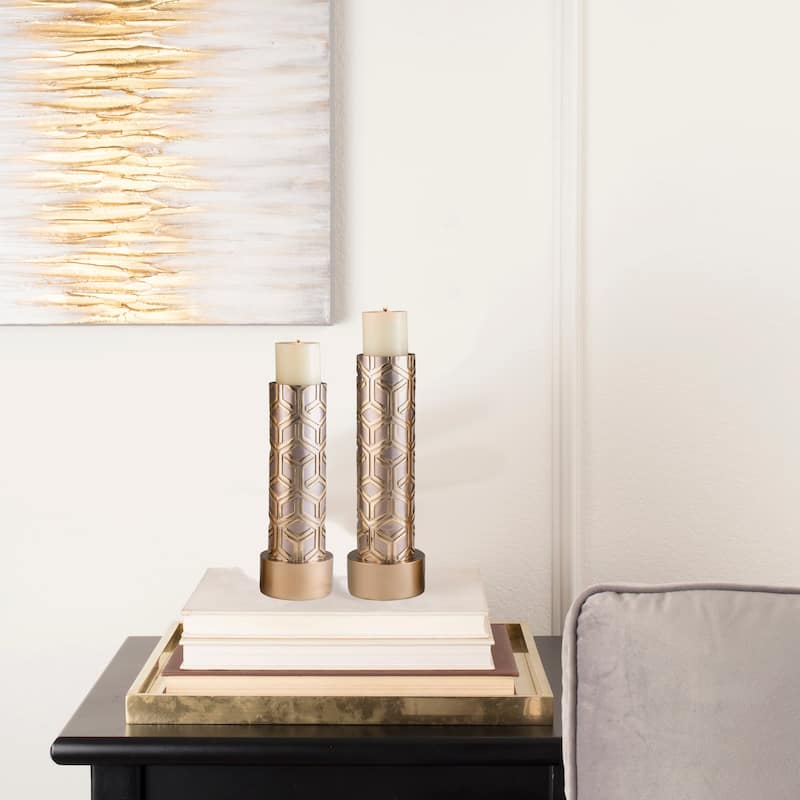 HomeRoots Set Of Two Gold Tabletop Pillar Candle Holders - 7