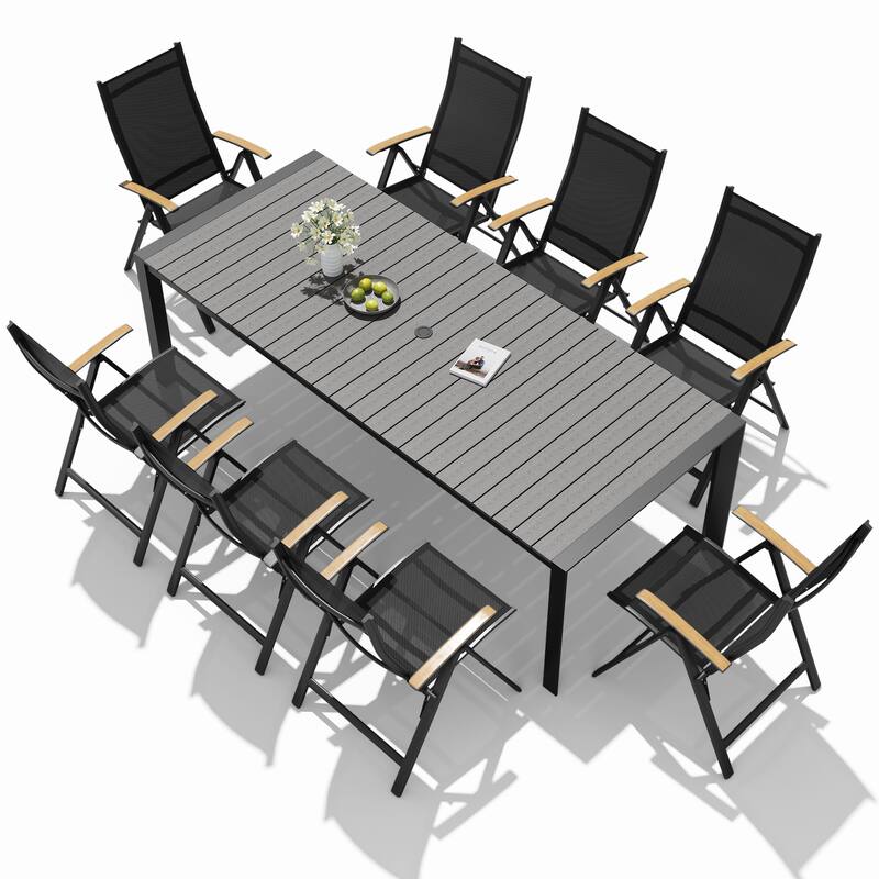 9-Piece Outdoor Patio Dining Set Wood Like Table Top Aluminum Rectangular Umbrella Hole Table with Folding Armrest Chairs