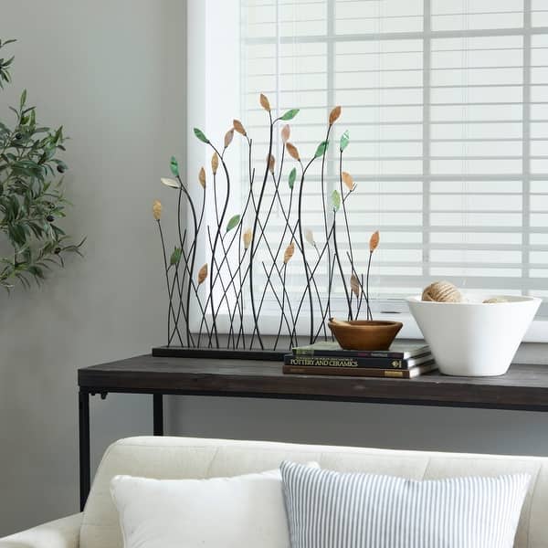 Whimsical Black Metal Leaf Sculpture with Black Base On Sale Bed