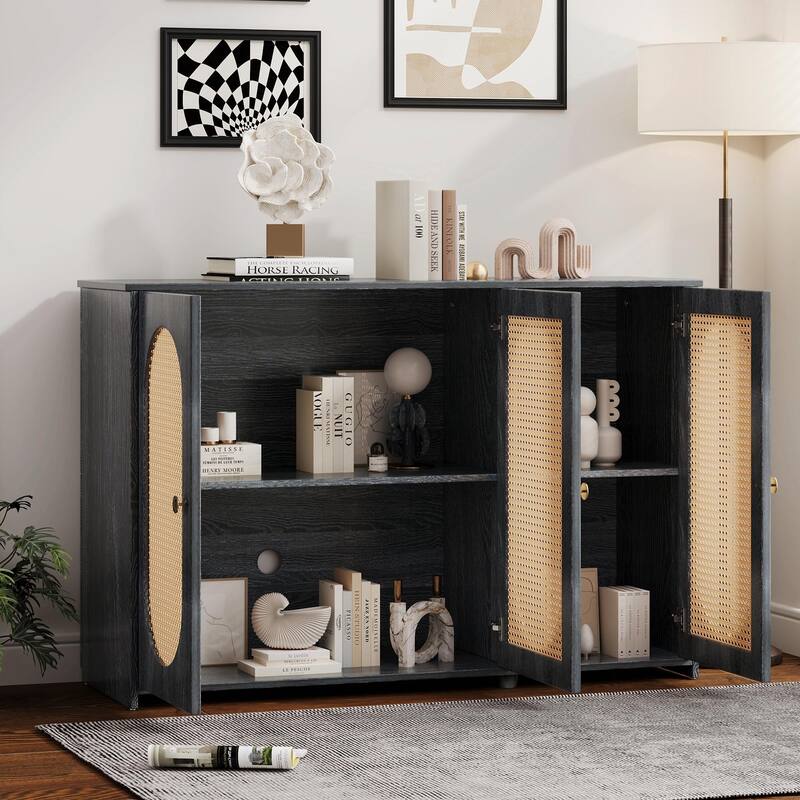 Retro 3-Door Sideboard - Large Storage with Rattan Doors and Metal Handles