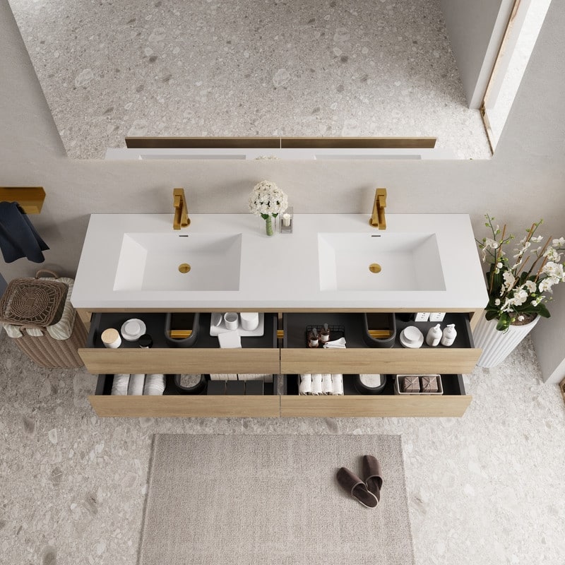 ABRUZZO 72" Floating Bathroom Vanity Double Sink with Stone Resin Top Four Soft Close Drawers