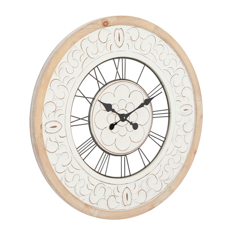 Wooden Floral Carved Wall Clock with Black Metal Accents - White - Roche River Decor - 2"W x 32"L x 32"H