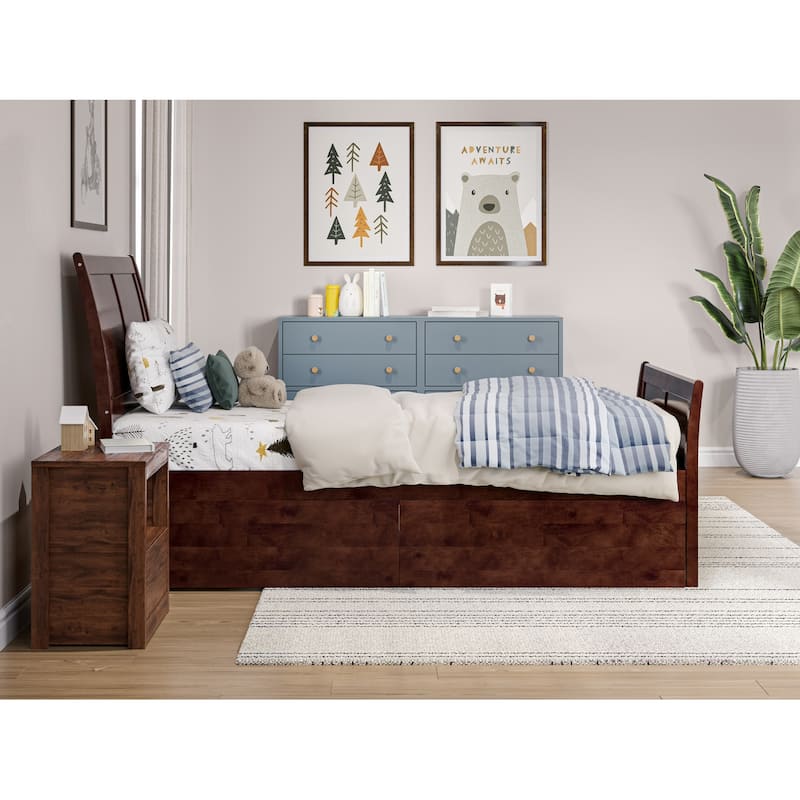 AFI Portland Twin Size Platform Bed with Matching Footboard & Storage Drawers in Walnut