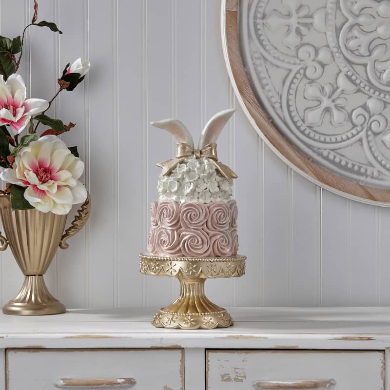 13.5" Resin Easter Cake Bunny Ear On Pedestal