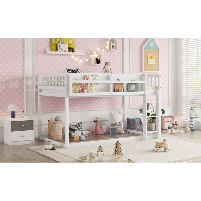 Roomfitters Twin Over Twin Bunk Bed, Low Floor Loft Platform Bed and Shelf with Wooden Frame for Bedroom