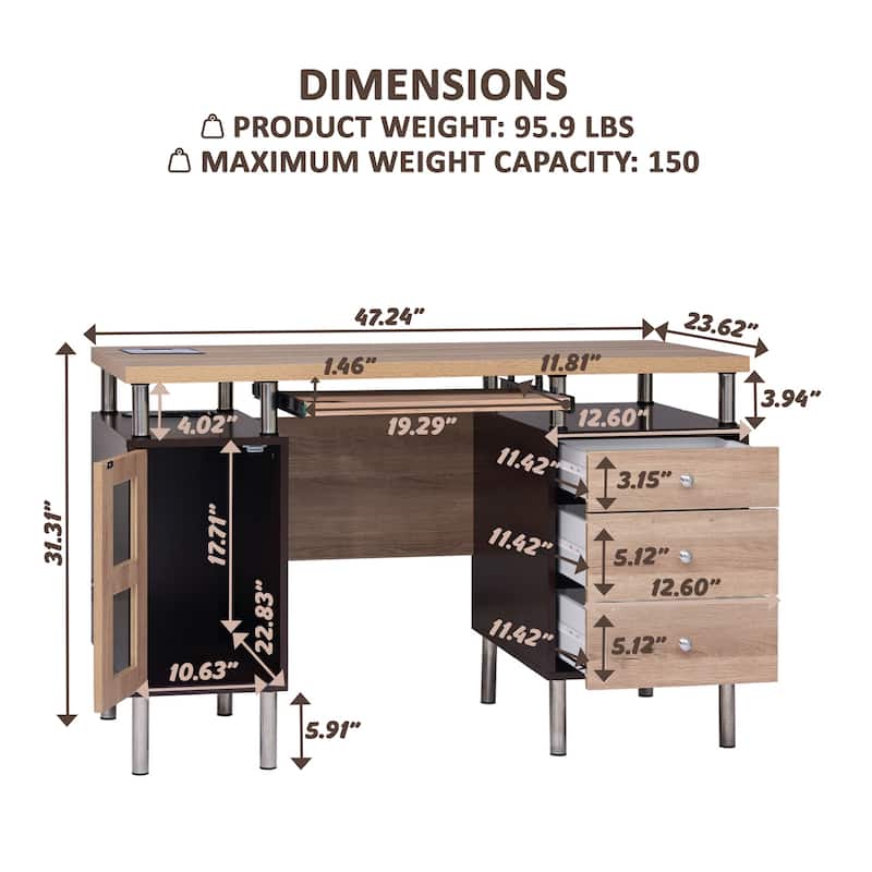 3-Drawer Filing Cabinet, Two-Tone Office Desk Power Outlets & USB Ports – Includes 3 Drawers and 1 Storage Cabinet