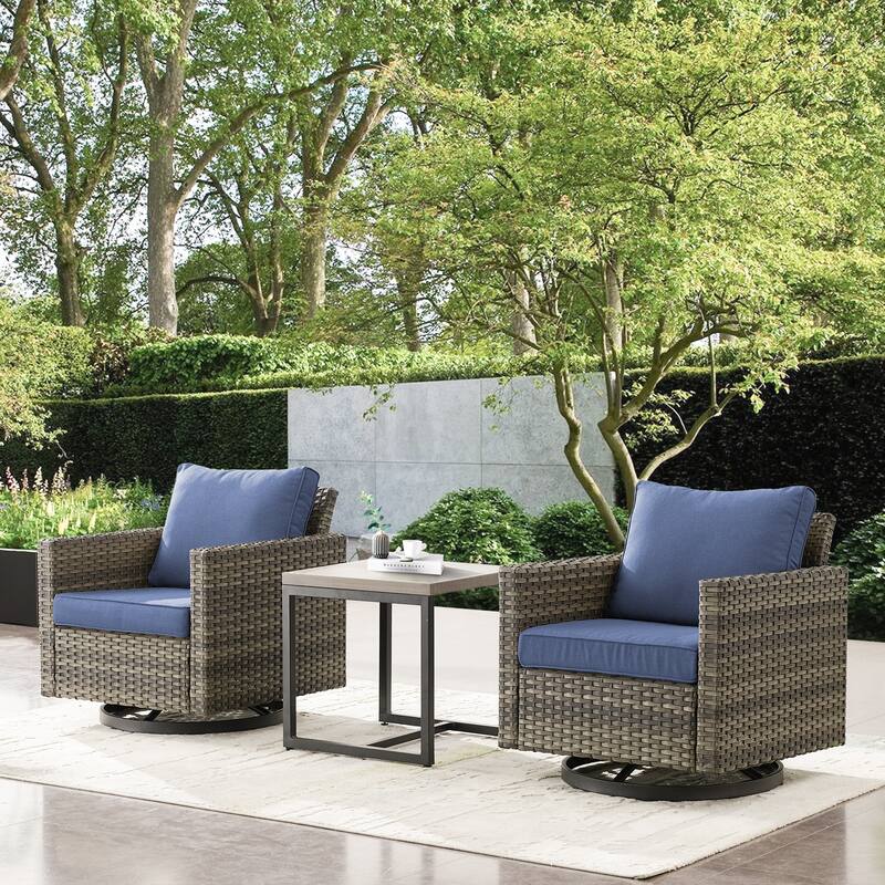 Gymojoy 3 Pieces Outdoor Wicker Swivel Rocker Patio Set - Grey - Blue