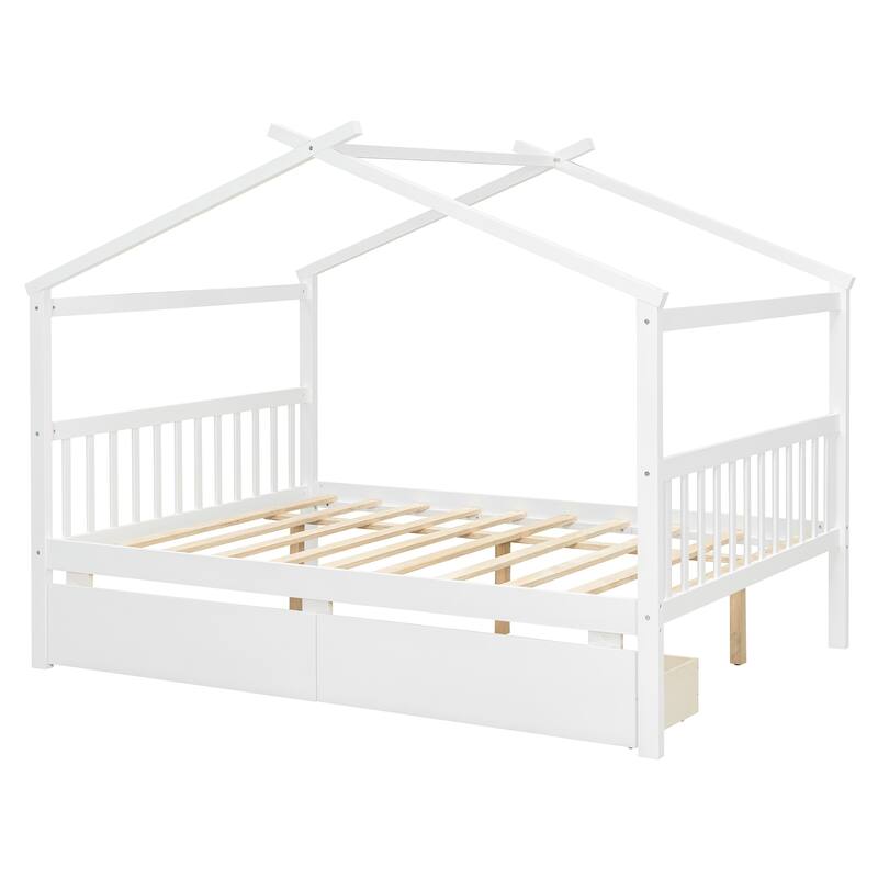 Creativity House Bed Full Size Frame with 2 Wood Drawers for Boys Girls, Wood Platform Bed with Roof No Box Spring Needed