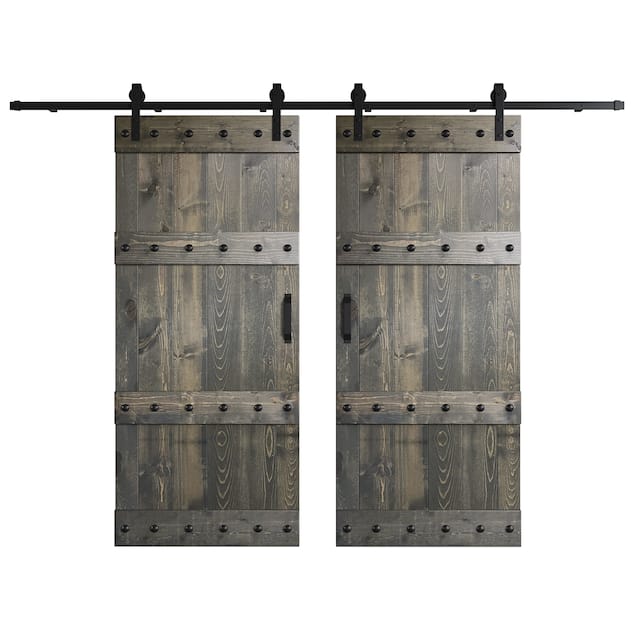 72in x 84in Castle Series Pine Wood Double Sliding Barn Door With Hardware Kit - Carbon Gray