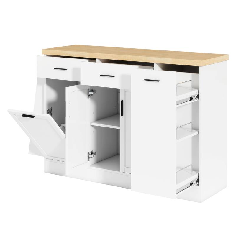 Two-Tone Design Sideboard Buffet Storage Cabinet Kitchen Island Table with Hidden Trash Cabinet & 3-Tier Spice Rack