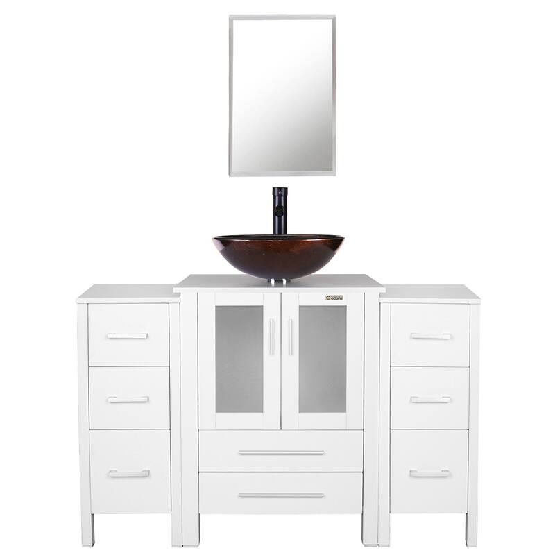 48" Bathroom Vanity Set Vessel Sink Mirror Faucet W/ Small Cabinet Combo - brown round sink - White