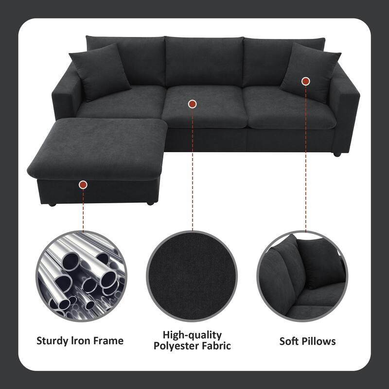 Modern Sectional Sofa, L-Shaped Couch Set with 2 Free pillows, 4-seat Polyester Fabric Sofa Couch with Convertible Ottoman