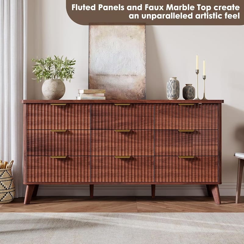 Modern Fluted 9 Drawers Dresser TV Stand for Living Room, Bedroom