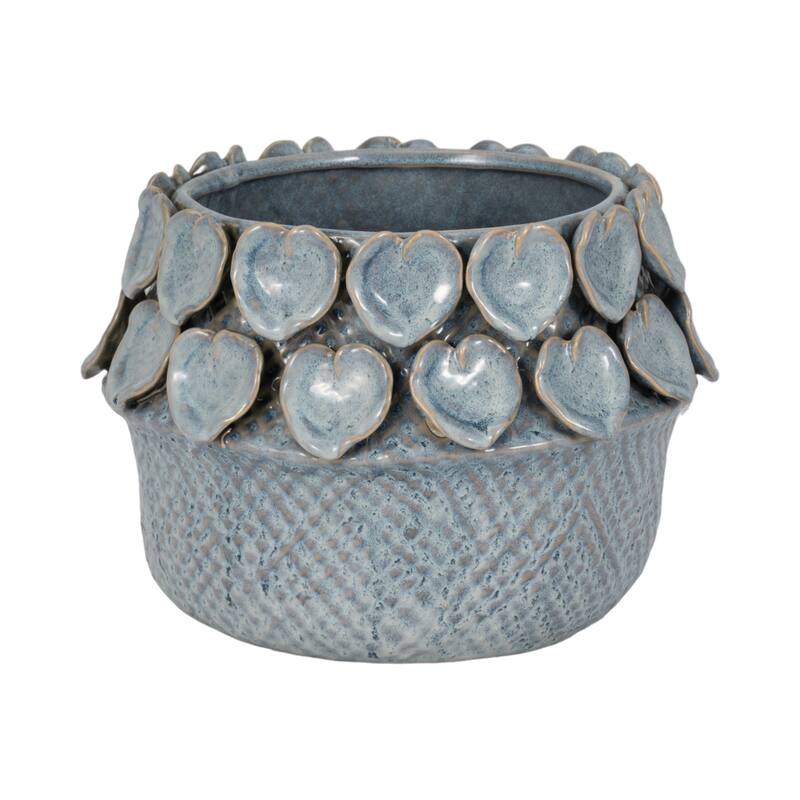 Stoneware Planter with Sculpted Leaf Accents and Textured Detailing