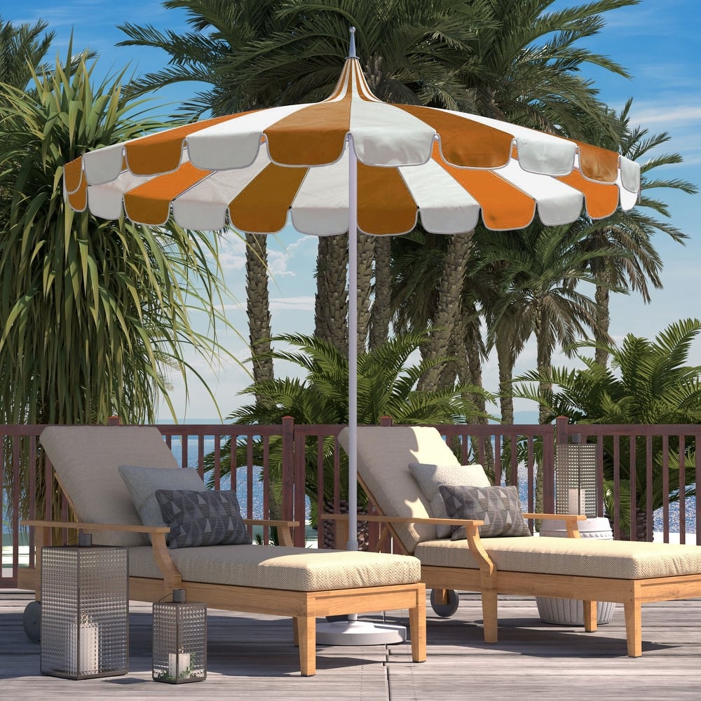 California Umbrella 8.5' Pagoda Series Patio Umbrella White Aluminum Pole Push Lift Sunbrella Natural and Pacific Blue